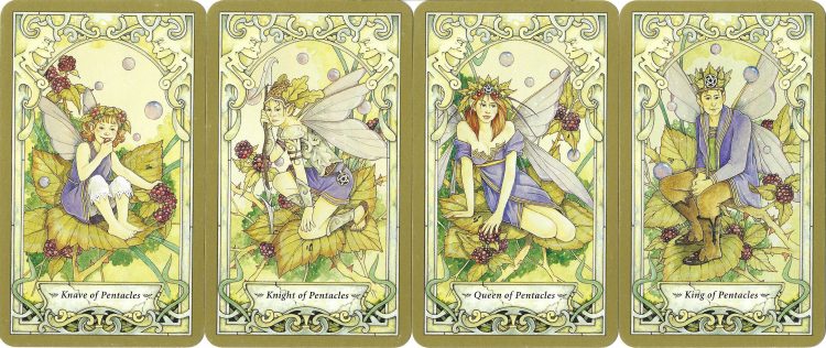 Knave, Knight, Queen, and King of Pentacles from the Mystic Faerie Tarot. Find more about the Tarot Suit of Pentacles in love readings at TarotinLove.com.
