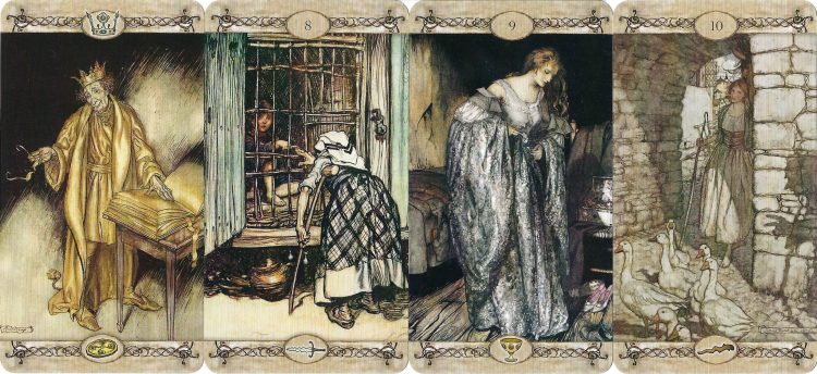 King of Coins (King Midas), Eight of Swords (Hansel and Gretel), Nine of Cups (The True Bride/Cinderella), Ten of Wands (The Goose Girl) from Rackham Tarot - Review at TarotinLove.com.