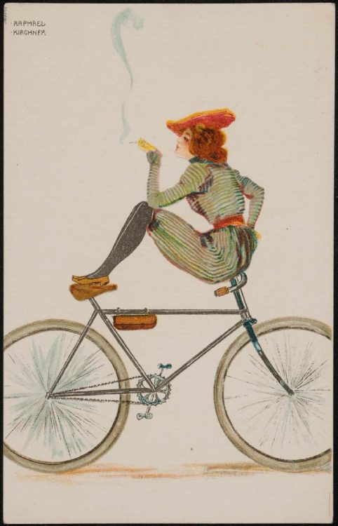 Raphael Kirchner artwork. A woman sits backwards on the handlebars of a bicycle with her feet on the seat, while smoking a cigarette.
